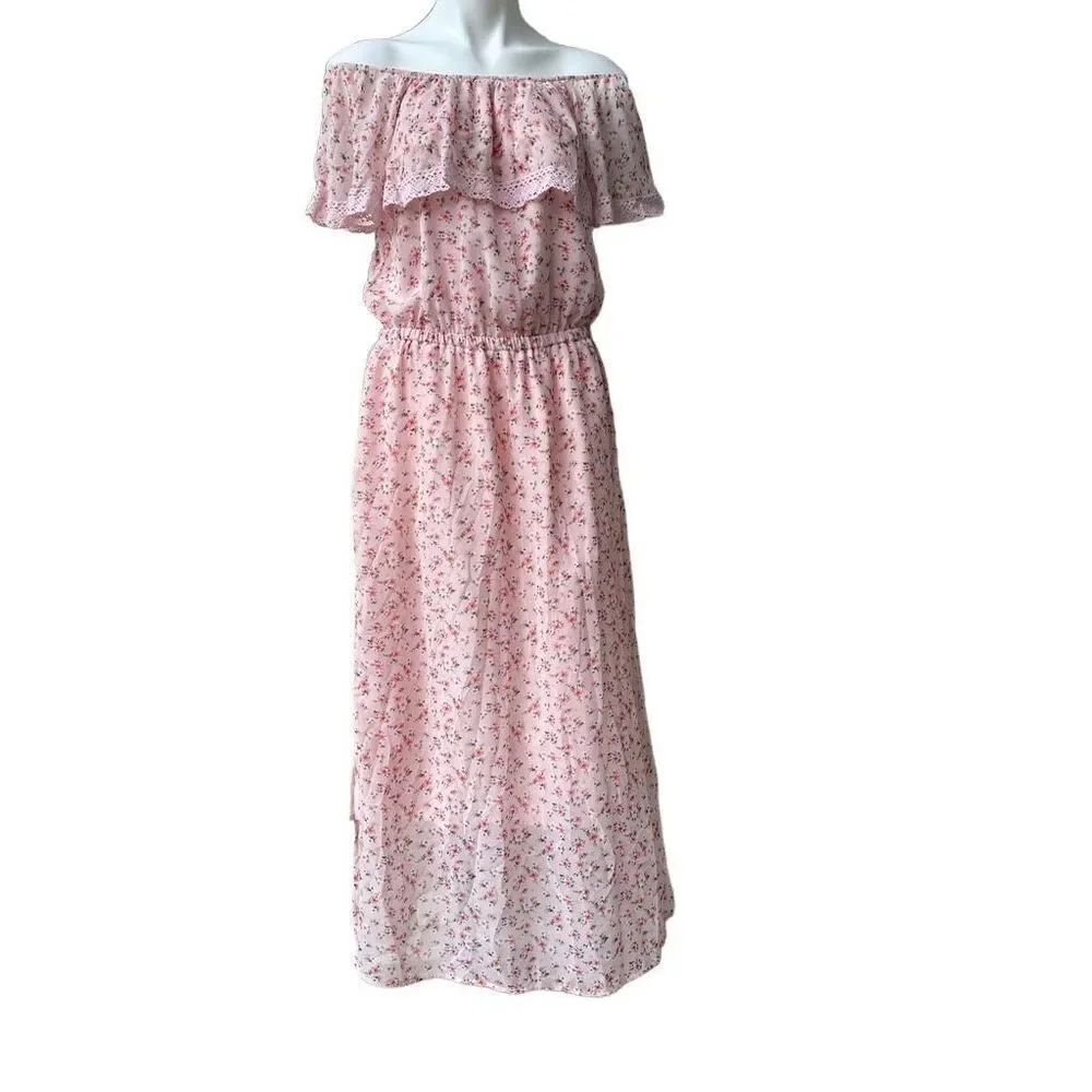 Bongo Womens Maxi Dress Floral Off Shoulder Elastic Waist Lace Trim Pink Size XL